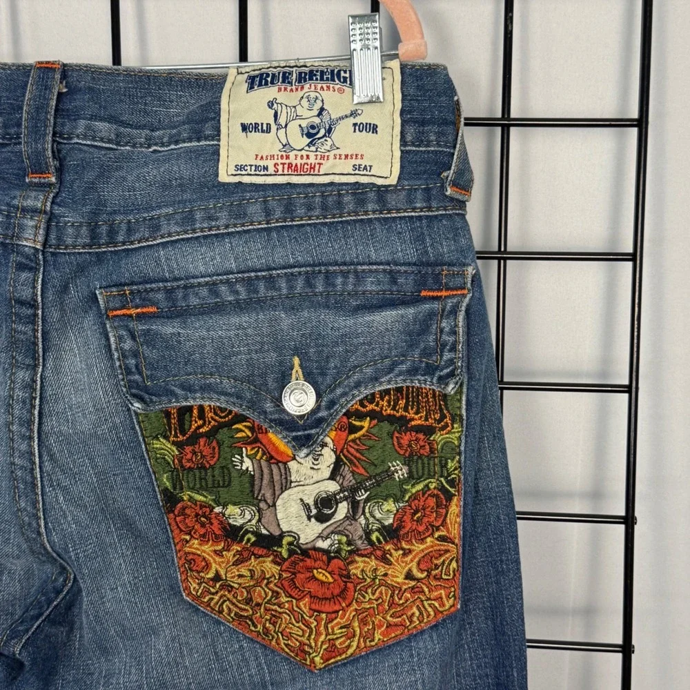 True Religion Ricky Straight Jeans Mens 34 Blue Embroidered Pocket USA Made RARE